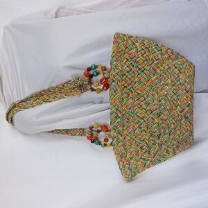 Cappelli Beach Tote, multicolor straw strands, braided, beaded handles 18x9x6